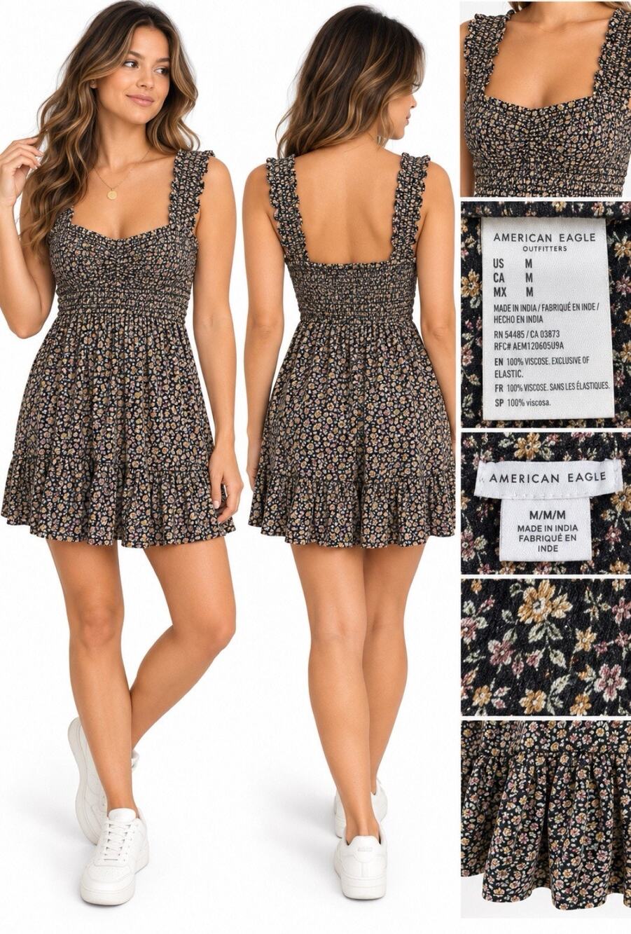 Boho Retro American Eagle Smocked Skater Mini Dress Size Medium Ditsy Floral